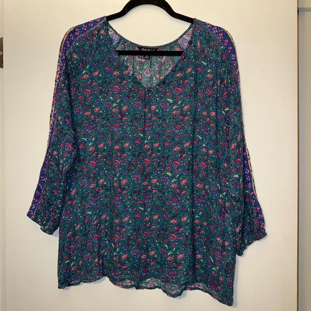 Lucky Brand Women’s Boho Blouse Shirt Green Blue Pink Floral XL EUC; No Flaws